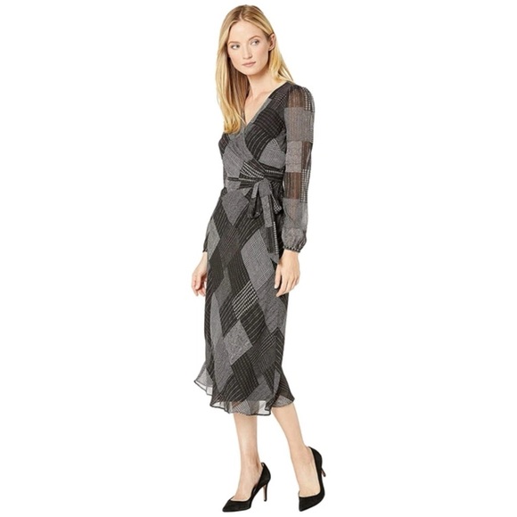 NWT Ralph Lauren Faux-Wrap Midi Dress Long Sleeve Tie Waist Geometric Size 16 - Picture 3 of 13